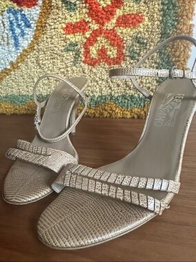 Salvatore Ferragamo Snake Skin Strappy Mid-Heel Sandals